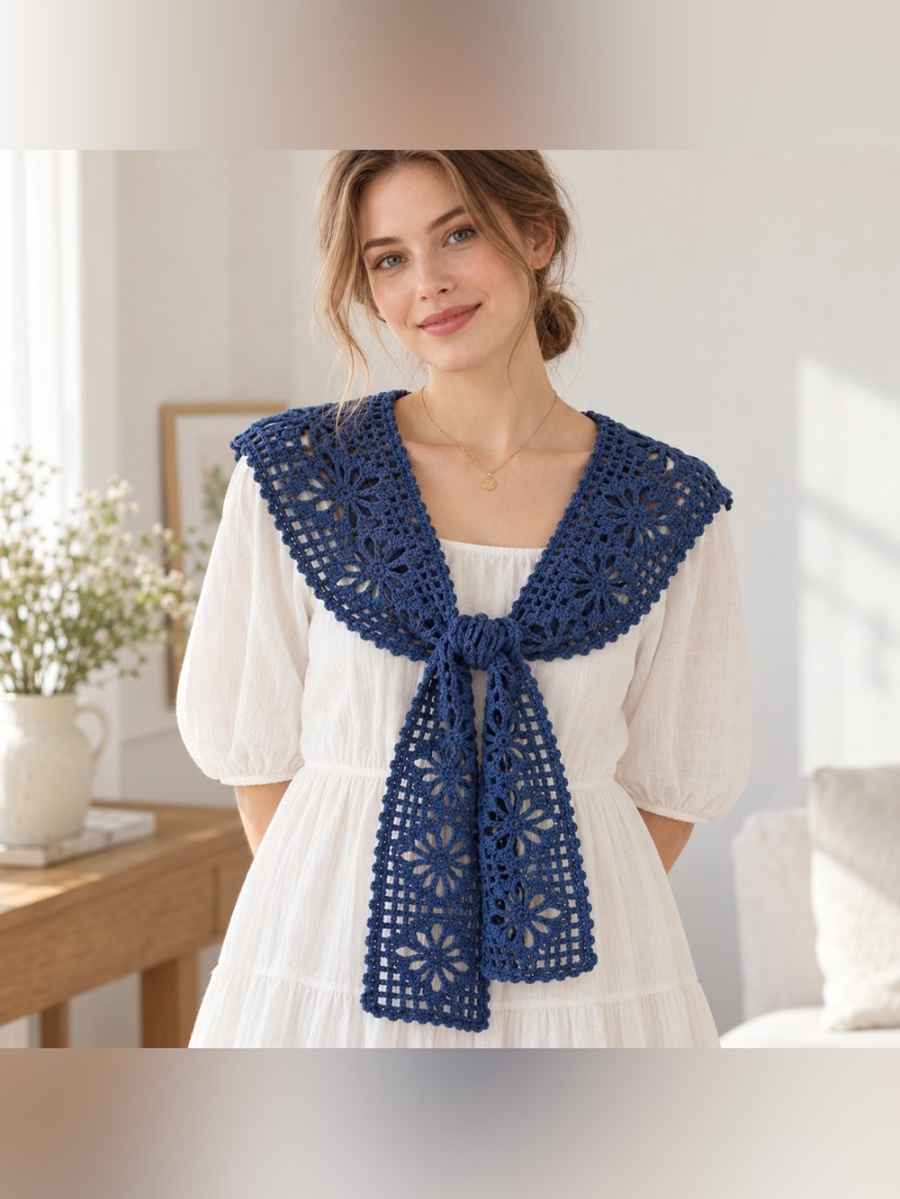Handmade Navy Blue Crochet Floral Shawl Wrap Boho Shoulder Scarf